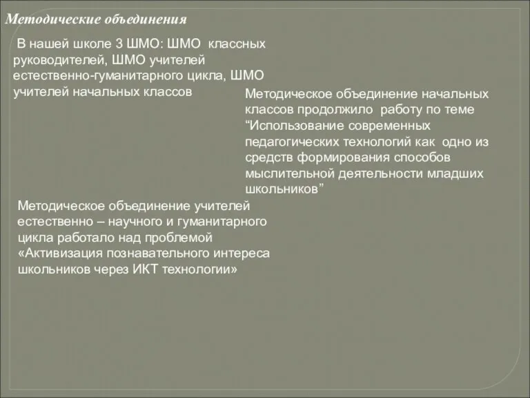 Методические объединения В нашей школе 3 ШМО: ШМО классных руководителей, ШМО учителей