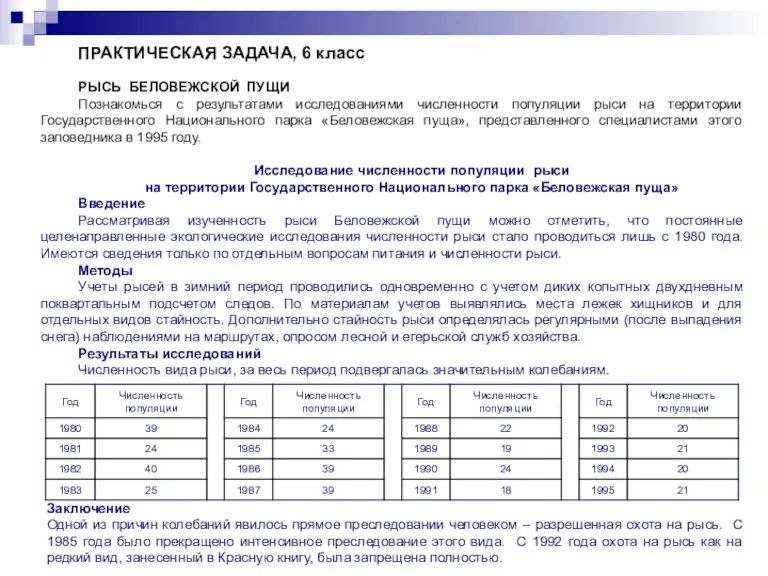 ПРАКТИЧЕСКАЯ ЗАДАЧА, 6 класс РЫСЬ БЕЛОВЕЖСКОЙ ПУЩИ Познакомься с результатами исследованиями численности