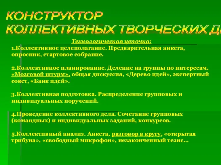 КОНСТРУКТОР КОЛЛЕКТИВНЫХ ТВОРЧЕСКИХ ДЕЛ Технологическая цепочка: 1.Коллективное целеполагание. Предварительная анкета, опросник, стартовое