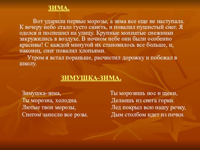 ЗИМА. Вот ударили первые морозы, а зима все еще не наступала. К