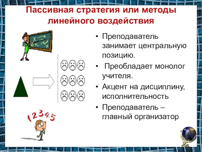 Пассивная стратегия или методы линейного воздействия Преподаватель занимает центральную позицию. Преобладает монолог