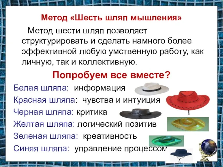 Метод «Шесть шляп мышления» Метод шести шляп позволяет структурировать и сделать намного