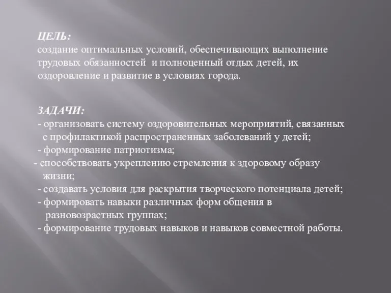 ЦЕЛЬ: создание оптимальных условий, обеспечивающих выполнение трудовых обязанностей и полноценный отдых детей,