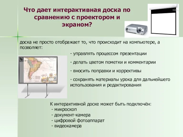 Что дает интерактивная доска по сравнению с проектором и экраном? доска не