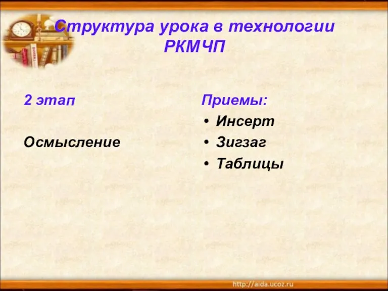 Структура урока в технологии РКМЧП 2 этап Осмысление Приемы: Инсерт Зигзаг Таблицы