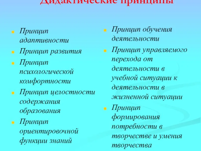 Дидактические принципы Принцип адаптивности Принцип развития Принцип психологической комфортности Принцип целостности содержания