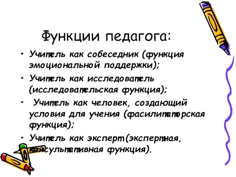 Функции педагога: Учитель как собеседник (функция эмоциональной поддержки); Учитель как исследователь (исследовательская