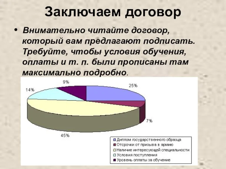 Заключаем договор • Внимательно читайте договор, который вам предлагают подписать. Требуйте, чтобы