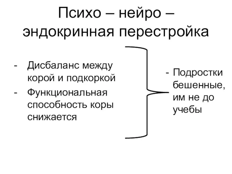 Психо – нейро – эндокринная перестройка - Дисбаланс между корой и подкоркой