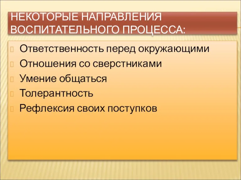 НЕКОТОРЫЕ НАПРАВЛЕНИЯ ВОСПИТАТЕЛЬНОГО ПРОЦЕССА: Ответственность перед окружающими Отношения со сверстниками Умение общаться Толерантность Рефлексия своих поступков