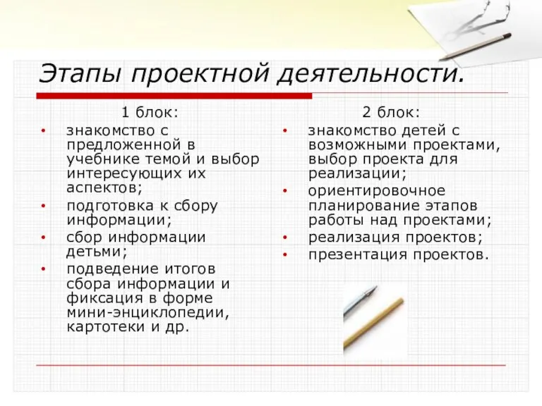 Этапы проектной деятельности. 1 блок: знакомство с предложенной в учебнике темой и