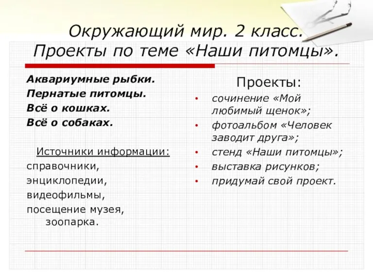 Окружающий мир. 2 класс. Проекты по теме «Наши питомцы». Аквариумные рыбки. Пернатые