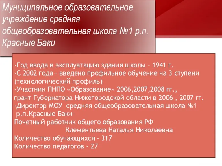 Муниципальное образовательное учреждение средняя общеобразовательная школа №1 р.п.Красные Баки -Год ввода в