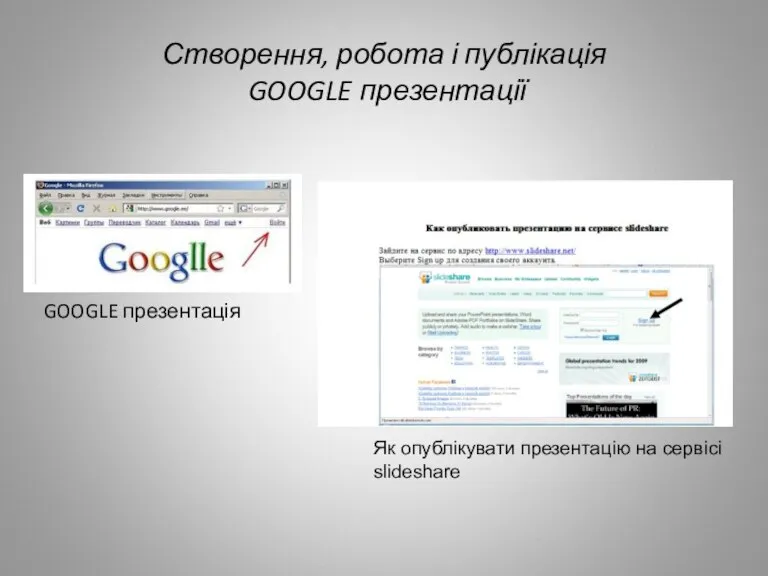 Створення, робота і публікація GOOGLE презентації GOOGLE презентація Як опублікувати презентацію на сервісі slideshare