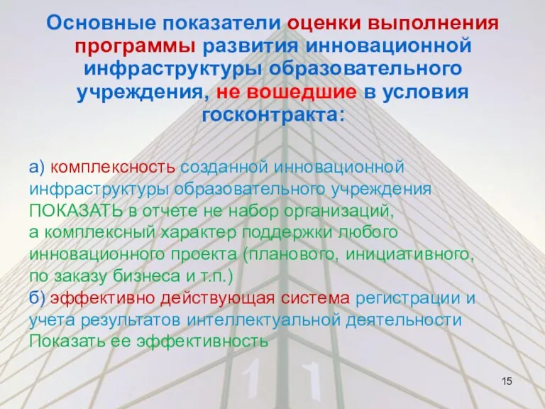 Основные показатели оценки выполнения программы развития инновационной инфраструктуры образовательного учреждения, не вошедшие