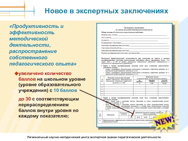 Новое в экспертных заключениях «Продуктивность и эффективность методической деятельности, распространение собственного педагогического