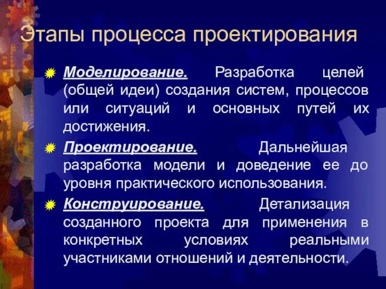 Этапы процесса проектирования Моделирование. Разработка целей (общей идеи) создания систем, процессов или