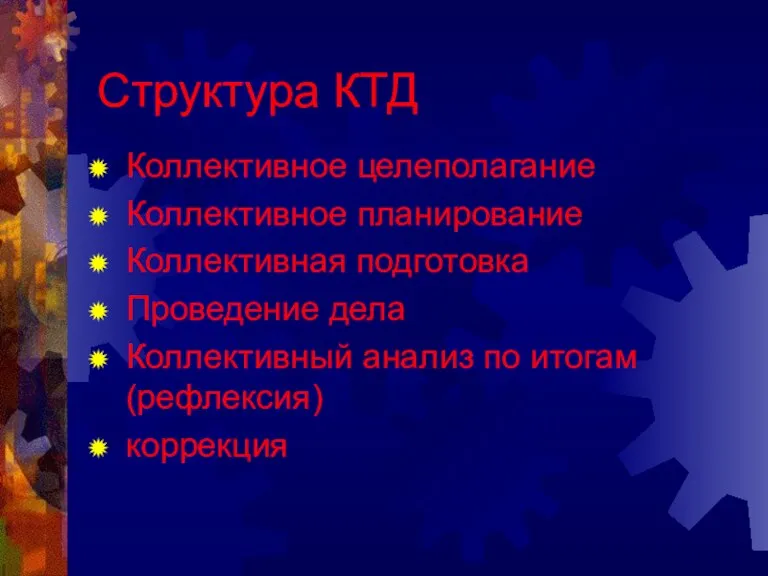 Структура КТД Коллективное целеполагание Коллективное планирование Коллективная подготовка Проведение дела Коллективный анализ по итогам (рефлексия) коррекция