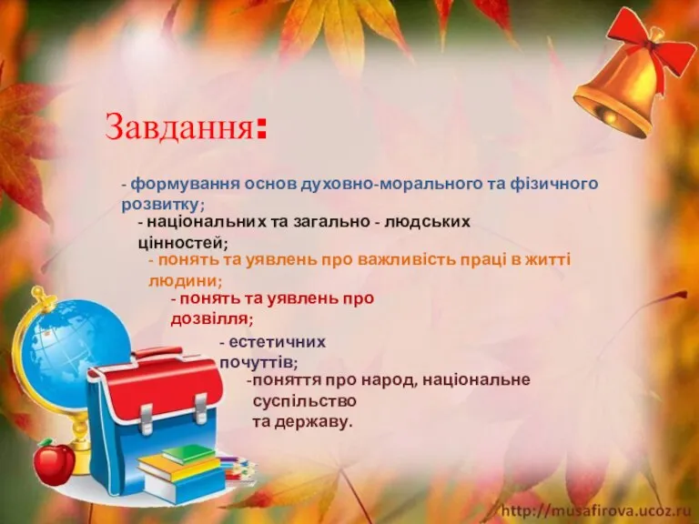 Завдання: - формування основ духовно-морального та фізичного розвитку; - національних та загально