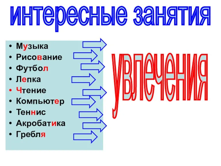 интересные занятия Музыка Рисование Футбол Лепка Чтение Компьютер Теннис Акробатика Гребля увлечения