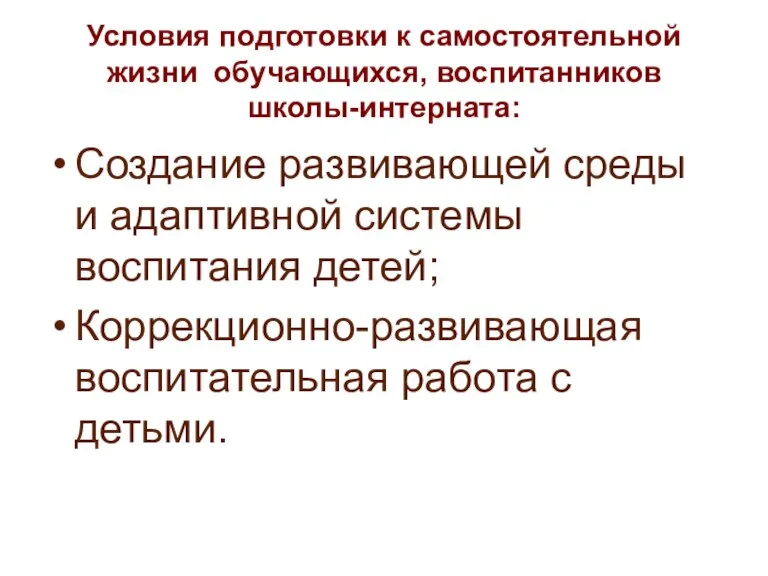 Условия подготовки к самостоятельной жизни обучающихся, воспитанников школы-интерната: Создание развивающей среды и