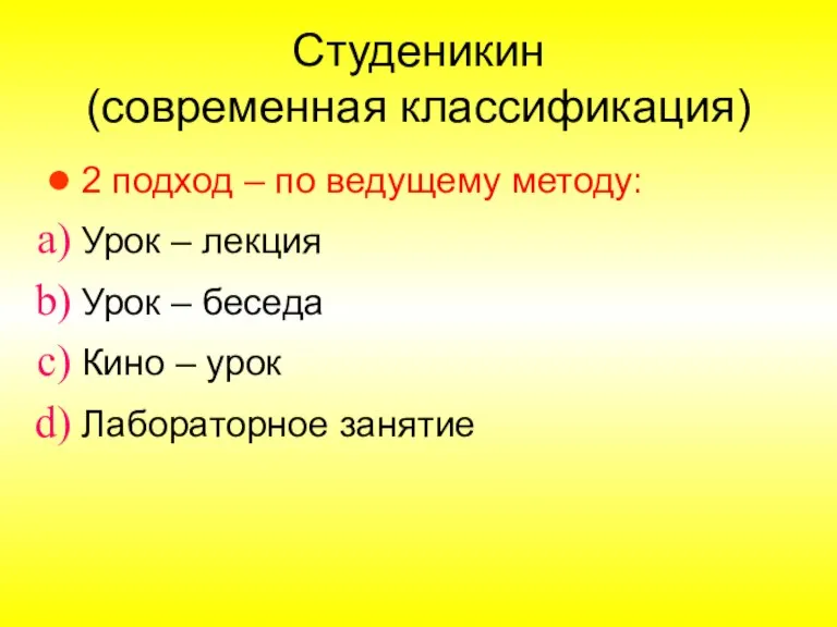 Студеникин (современная классификация) 2 подход – по ведущему методу: Урок – лекция