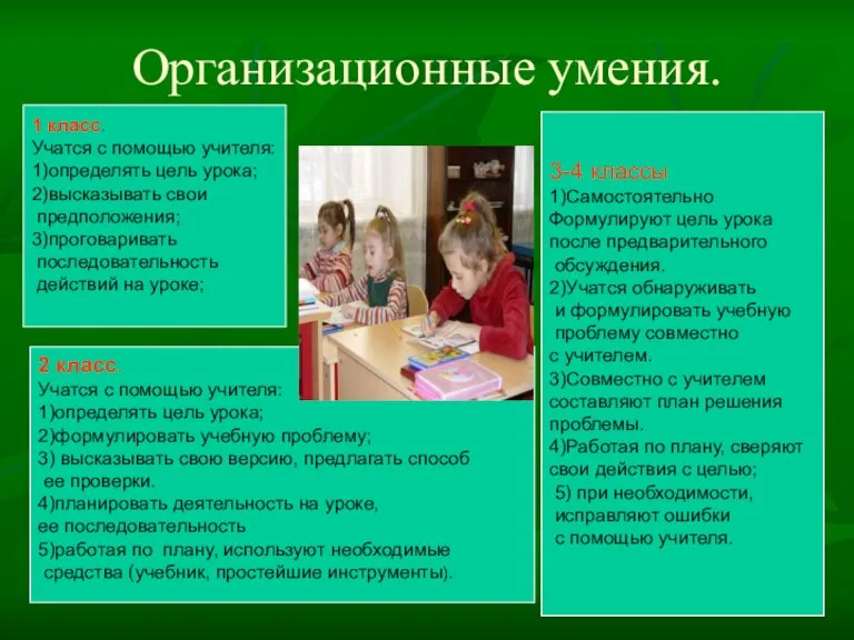 Организационные умения. 1 класс. Учатся с помощью учителя: 1)определять цель урока; 2)высказывать