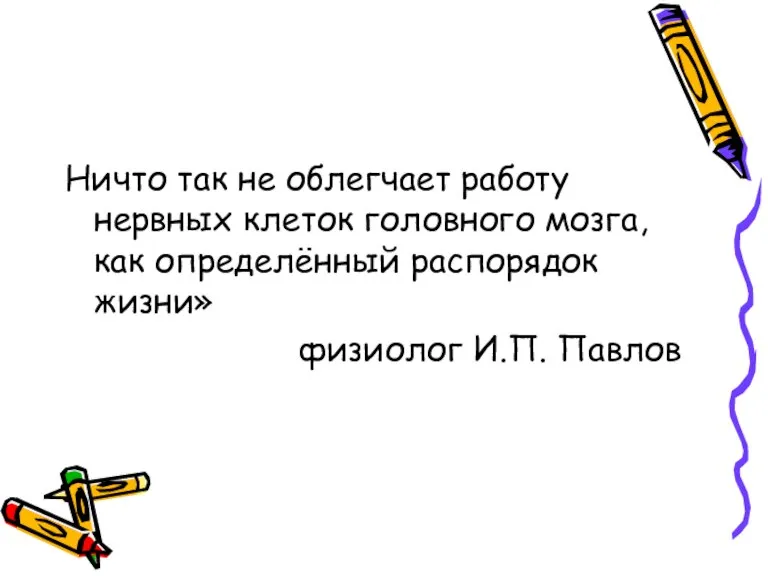 Ничто так не облегчает работу нервных клеток головного мозга, как определённый распорядок жизни» физиолог И.П. Павлов