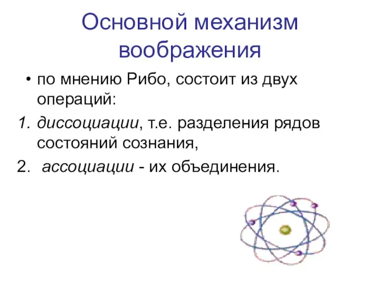 Основной механизм воображения по мнению Рибо, состоит из двух операций: диссоциации, т.е.