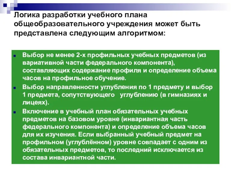 Логика разработки учебного плана общеобразовательного учреждения может быть представлена следующим алгоритмом: Выбор