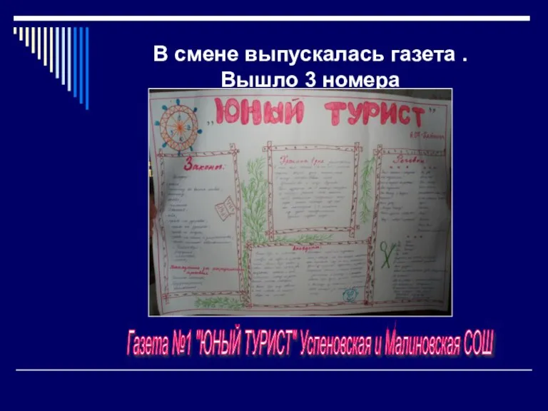 В смене выпускалась газета . Вышло 3 номера Газета №1 "ЮНЫЙ ТУРИСТ" Успеновская и Малиновская СОШ