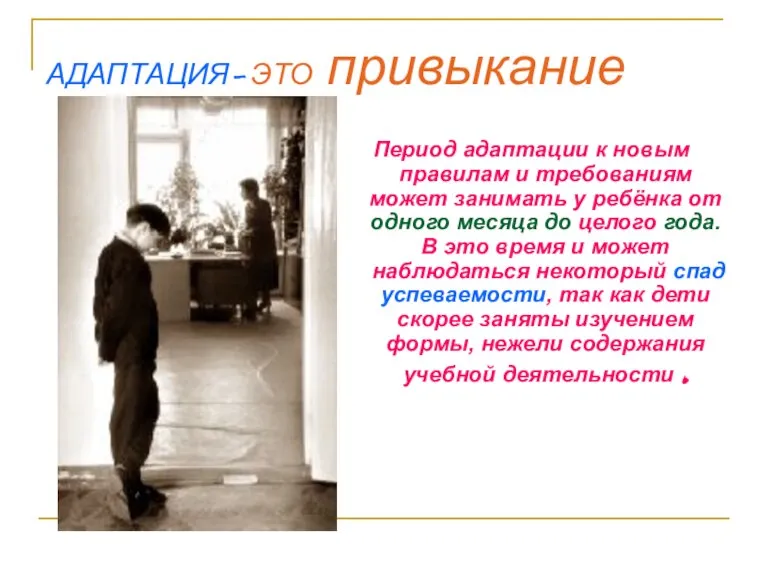 АДАПТАЦИЯ- ЭТО привыкание Период адаптации к новым правилам и требованиям может занимать