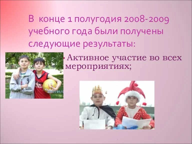 В конце 1 полугодия 2008-2009 учебного года были получены следующие результаты: Активное