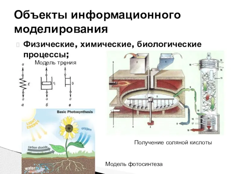 Физические, химические, биологические процессы; Объекты информационного моделирования Получение соляной кислоты Модель трения Модель фотосинтеза