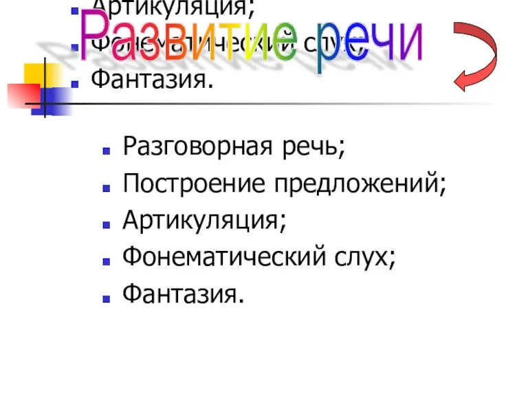 Разговорная речь; Построение предложений; Артикуляция; Фонематический слух; Фантазия. Разговорная речь; Построение предложений;