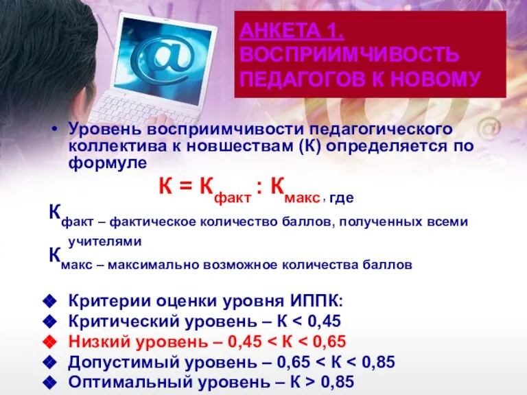 АНКЕТА 1. ВОСПРИИМЧИВОСТЬ ПЕДАГОГОВ К НОВОМУ Уровень восприимчивости педагогического коллектива к новшествам