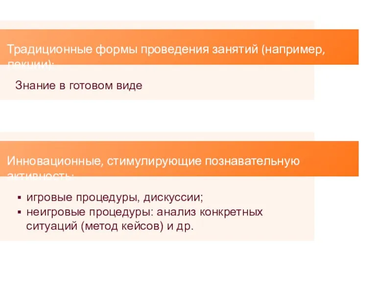 Традиционные формы проведения занятий (например, лекции): Знание в готовом виде Инновационные, стимулирующие