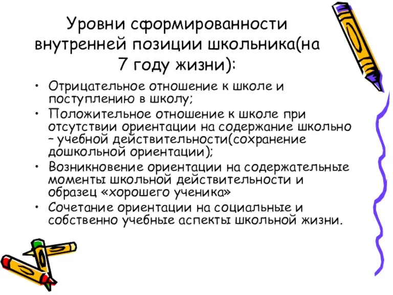 Уровни сформированности внутренней позиции школьника(на 7 году жизни): Отрицательное отношение к школе