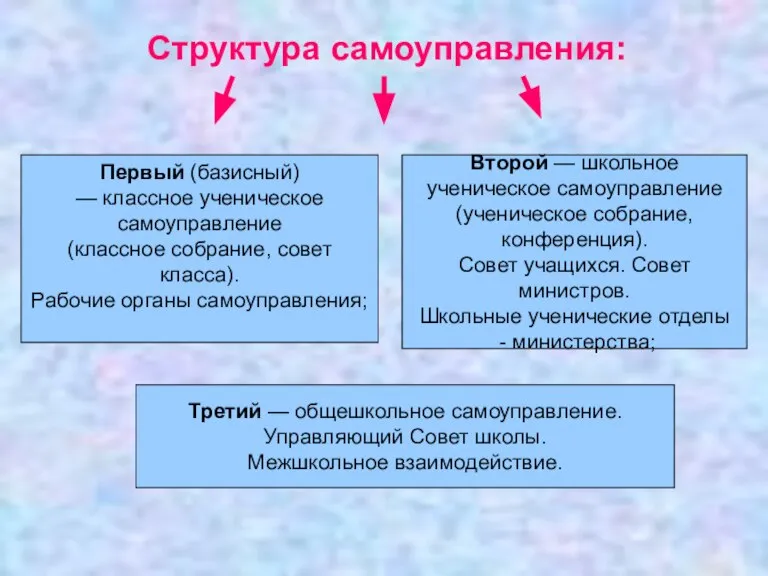 Структура самоуправления: Третий — общешкольное самоуправление. Управляющий Совет школы. Межшкольное взаимодействие. Второй