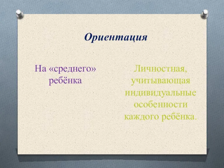 Ориентация На «среднего» ребёнка Личностная, учитывающая индивидуальные особенности каждого ребёнка.