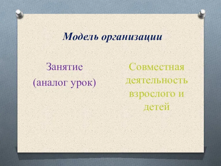 Модель организации Занятие (аналог урок) Совместная деятельность взрослого и детей