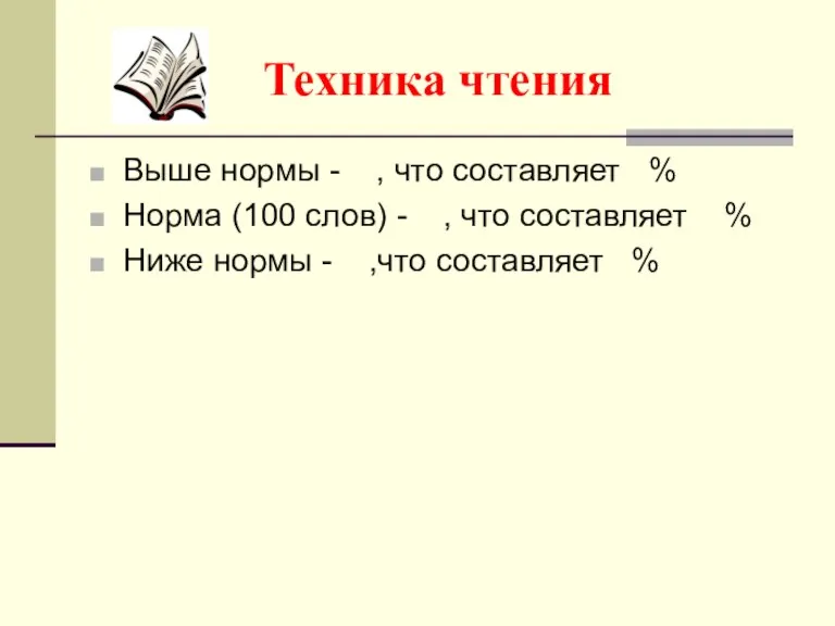 Техника чтения Выше нормы - , что составляет % Норма (100 слов)