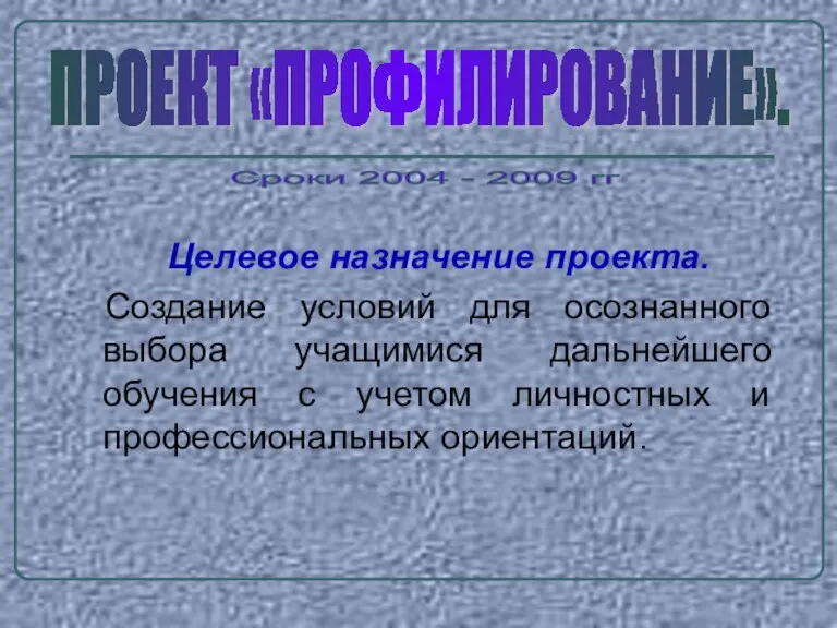 Целевое назначение проекта. Создание условий для осознанного выбора учащимися дальнейшего обучения с