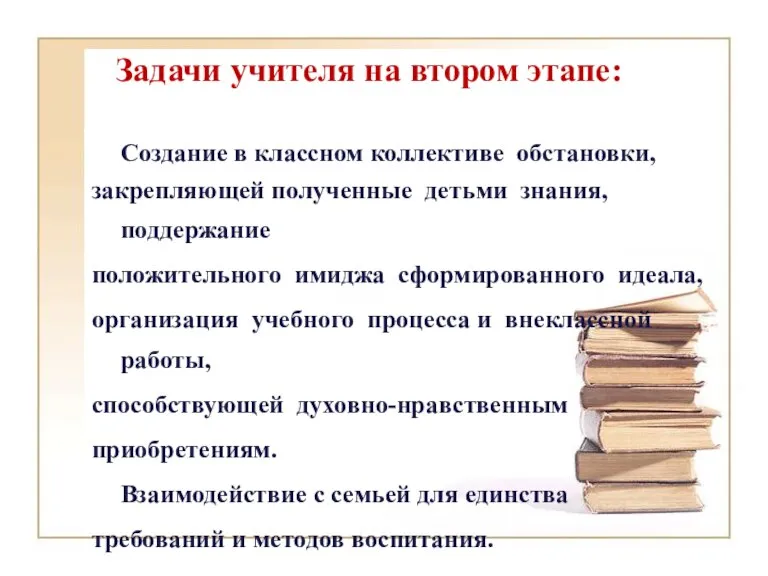 Задачи учителя на втором этапе: Создание в классном коллективе обстановки, закрепляющей полученные