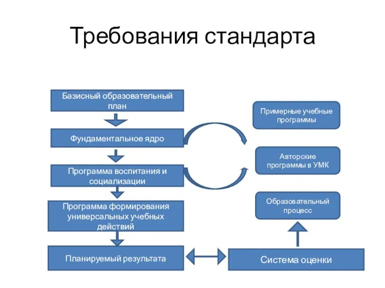 Требования стандарта Базисный образовательный план Фундаментальное ядро Программа воспитания и социализации Программа