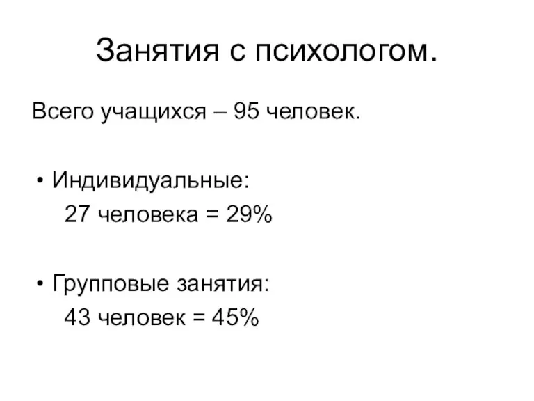 Занятия с психологом. Всего учащихся – 95 человек. Индивидуальные: 27 человека =