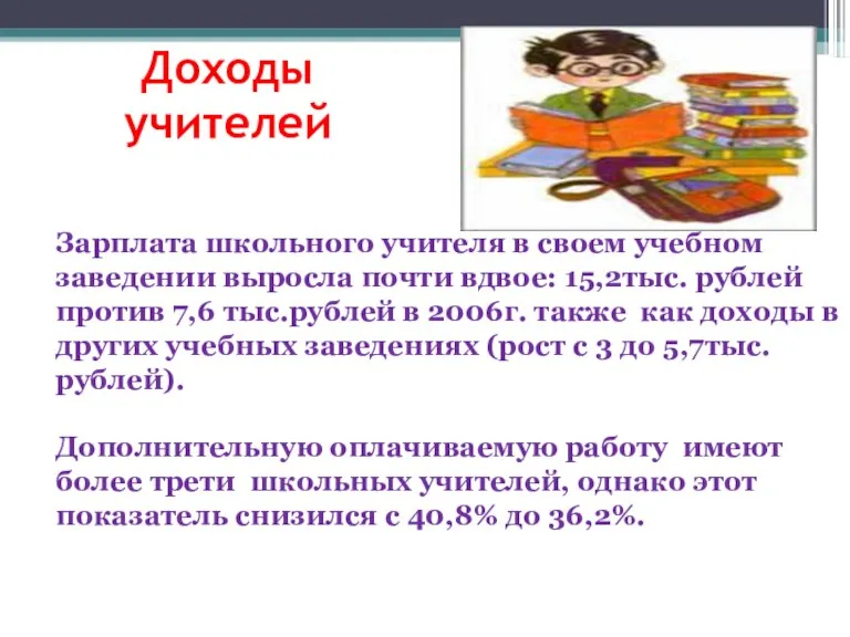 Доходы учителей Зарплата школьного учителя в своем учебном заведении выросла почти вдвое: