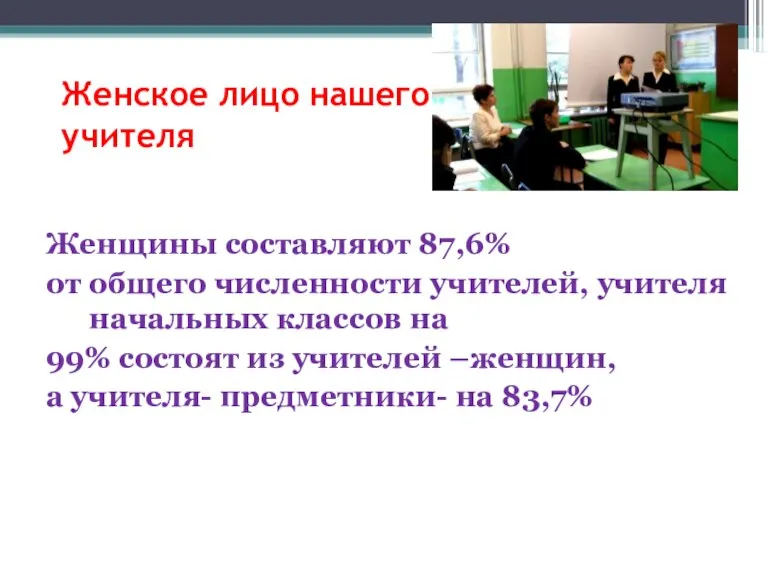 Женское лицо нашего учителя Женщины составляют 87,6% от общего численности учителей, учителя