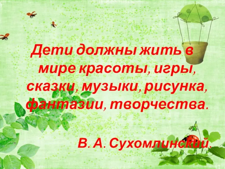 Дети должны жить в мире красоты, игры, сказки, музыки, рисунка, фантазии, творчества. В. А. Сухомлинский.