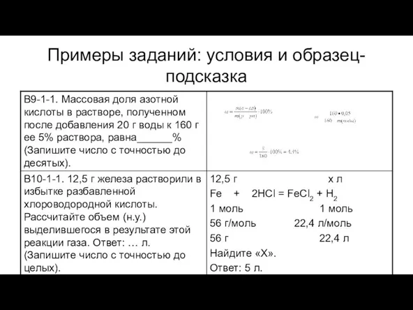 Примеры заданий: условия и образец-подсказка